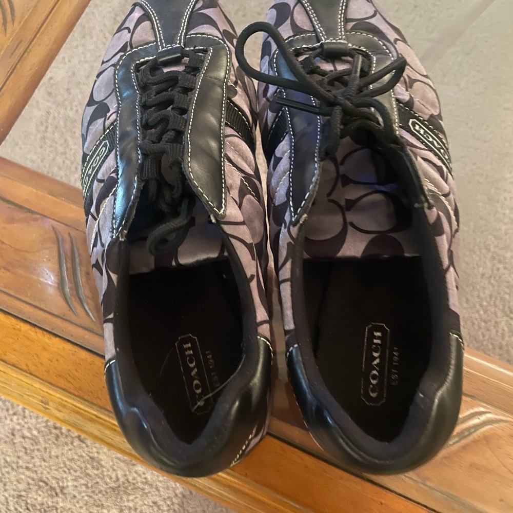 Vintage Coach monogram black & blush silver sateen shoes